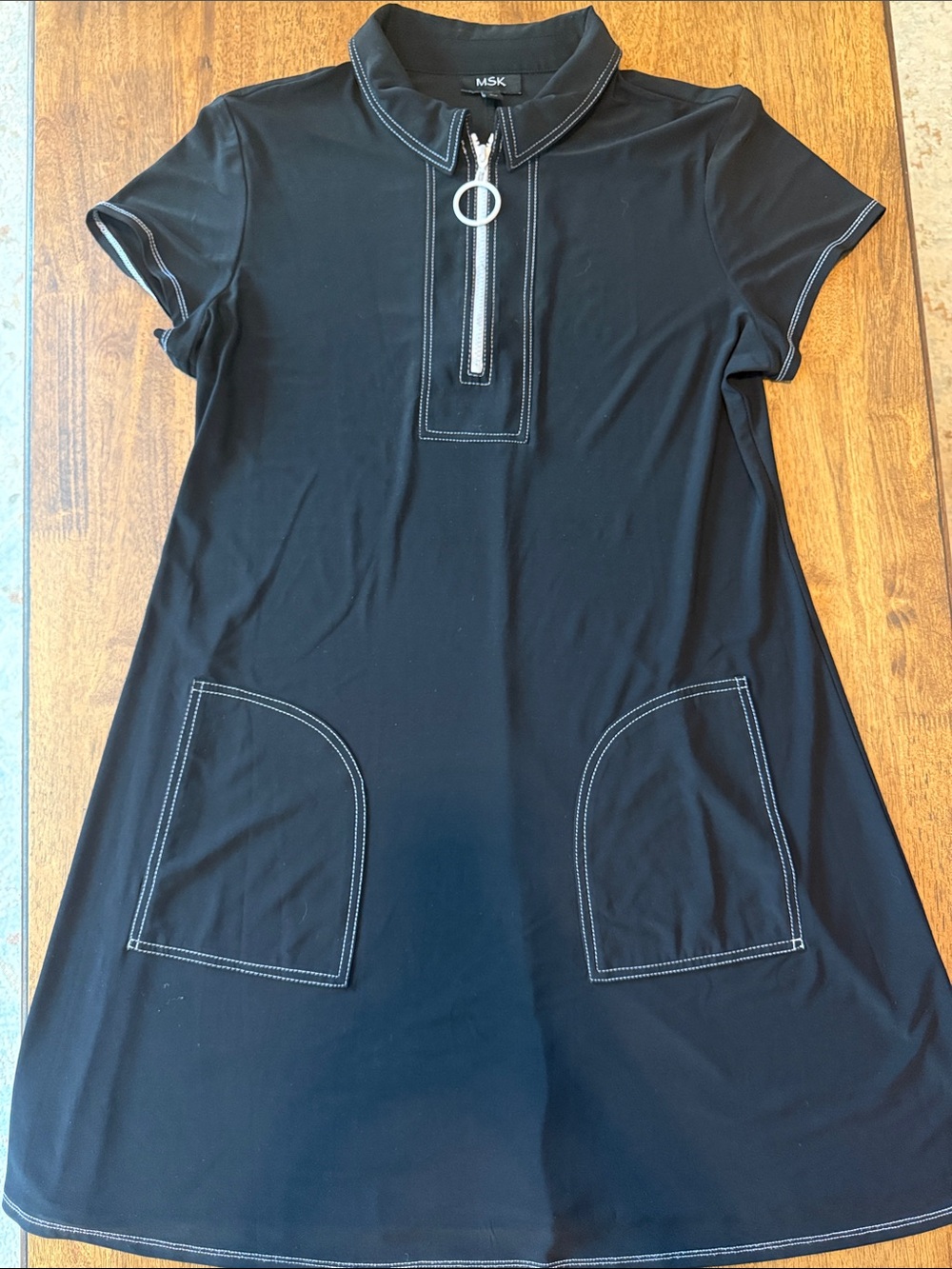 MSK Black Short-Sleeve Zip Polo Dress with Contrast Stitching
